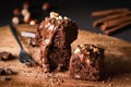 Chocolate Cake Brownie Squares With Chocolate Glaze and Walnuts