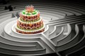 Chocolate cake with candles inside labyrinth maze, 3D rendering