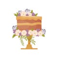 Chocolate cake with caramel icing. Decorated with pink and purple flowers. Vector illustration on a white background.