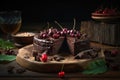 a chocolate cake with cherries and chocolate frosting on a wooden platter with a glass of wine and bowl of cherries in the