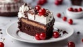 chocolate cake with cherry _A festive photo of a piece of cake with whipped cream and a cherries on top. Royalty Free Stock Photo