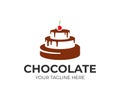 Chocolate cake with cherry logo design. Pastry shop vector design