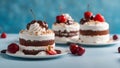 chocolate cake with cherry A realistic painting of three delicious cakes on a white plate with a blue background.