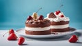 chocolate cake with cherry _ A realistic painting of three delicious cakes on a white plate with a blue background.