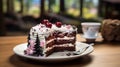 Lively Nature Scene: Chocolate Cake With Cherries And Tea Stickers Royalty Free Stock Photo