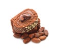 Chocolate cake and cocoa beans Royalty Free Stock Photo