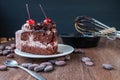 Chocolate cake and cocoa beans for making chocolate Royalty Free Stock Photo