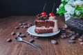 Chocolate cake and cocoa beans for making chocolate Royalty Free Stock Photo