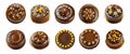 Chocolate cake collection isolated on transparent background.