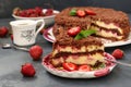 Chocolate cake with cottage cheese with strawberries is located on a dark background, a piece of cake is located in the foreground