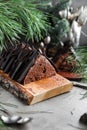 Chocolate cake with chocolate cream and glaze decorations on a wooden board Royalty Free Stock Photo