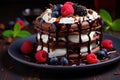 Chocolate cake with cream layers with chocolate sauce, cream and berry fillings