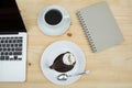 Chocolate cake, cup of coffee and blank notebook Royalty Free Stock Photo