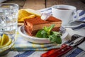 Chocolate cake and a cup of tea with lemon, water with ice and s Royalty Free Stock Photo