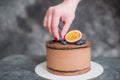 Chocolate cake on a dark background adorned with citrus Royalty Free Stock Photo