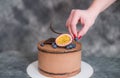 Chocolate cake on a dark background adorned with citrus Royalty Free Stock Photo