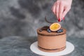Chocolate cake on a dark background adorned with citrus Royalty Free Stock Photo