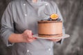 Chocolate cake on a dark background adorned with citrus Royalty Free Stock Photo