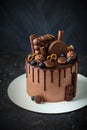 Chocolate cake decorated with blueberries, cookies and bubble chocolates on a black background. Brown cream cheese frosting with