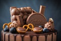 Chocolate cake decorated with blueberries, cookies and bubble chocolates on a black background. Brown cream cheese frosting with