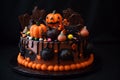 Chocolate cake decorated with candies with a Halloween theme