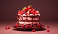 Chocolate cake decorated with fresh berries and cream on a red background