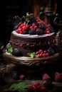 chocolate cake decorated with rapsberries on top, dark wooden table background