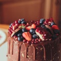 A chocolate cake decorated with strawberries, blueberries and a pomegranate on an orange background Royalty Free Stock Photo