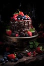 Chocolate cake decorated with strawberry, rapsberries and blackberry on top, dark wooden table background