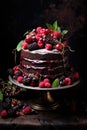 Chocolate cake decorated with strawberry, rapsberries and blackberry on top, dark wooden table background