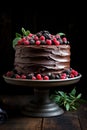 chocolate cake decorated with strawberry, rapsberries on top, dark wooden table background