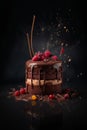 Delicious Chocolate cake decorated with raspberries on a black background