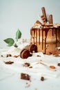 Chocolate cake decorated with various cookies and nuts on a glass plate and macaroons. Food photography. Advertising and