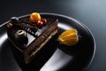 Chocolate cake with decoration and fruits on black background Royalty Free Stock Photo