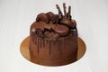 Chocolate cake with chocolate decoration, chocolate ganache.