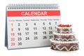 Chocolate Cake with desk calendar, 3D rendering Royalty Free Stock Photo