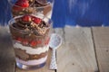 Chocolate cake dessert, yogurt and strawberries Royalty Free Stock Photo