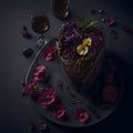 Heart shaped chocolate cake with flowers on grey background closeup. Love concept, sweet dish