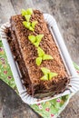 Chocolate cake in the form of logs decorated with chocolate chip