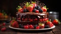 Chocolate cake with fresh berries on a rustic wooden table Royalty Free Stock Photo