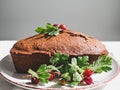 Chocolate cake, fresh berries and vintage plate Royalty Free Stock Photo