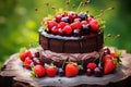 Chocolate cake with fresh berries on wooden table surrounded by lush greenery in garden setting Royalty Free Stock Photo