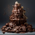 Chocolate cake. Freshly prepared delicious chocolate fountain on a gray background