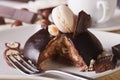 Chocolate cake with hazelnut and macaroon close-up horizontal