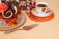 Chocolate cake, hot tea Royalty Free Stock Photo