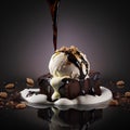 Chocolate cake with ice cream and caramel sauce on a black background Royalty Free Stock Photo