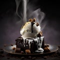 Chocolate cake with ice cream and chocolate chips on a black background Royalty Free Stock Photo