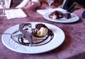 Chocolate cake with ice cream and fruits Royalty Free Stock Photo