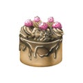 Chocolate cake with icing and cream with pink candies. Watercolor illustration. An isolated object from a large set of