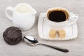 Chocolate cake, milk, cup of coffee with sugar Royalty Free Stock Photo